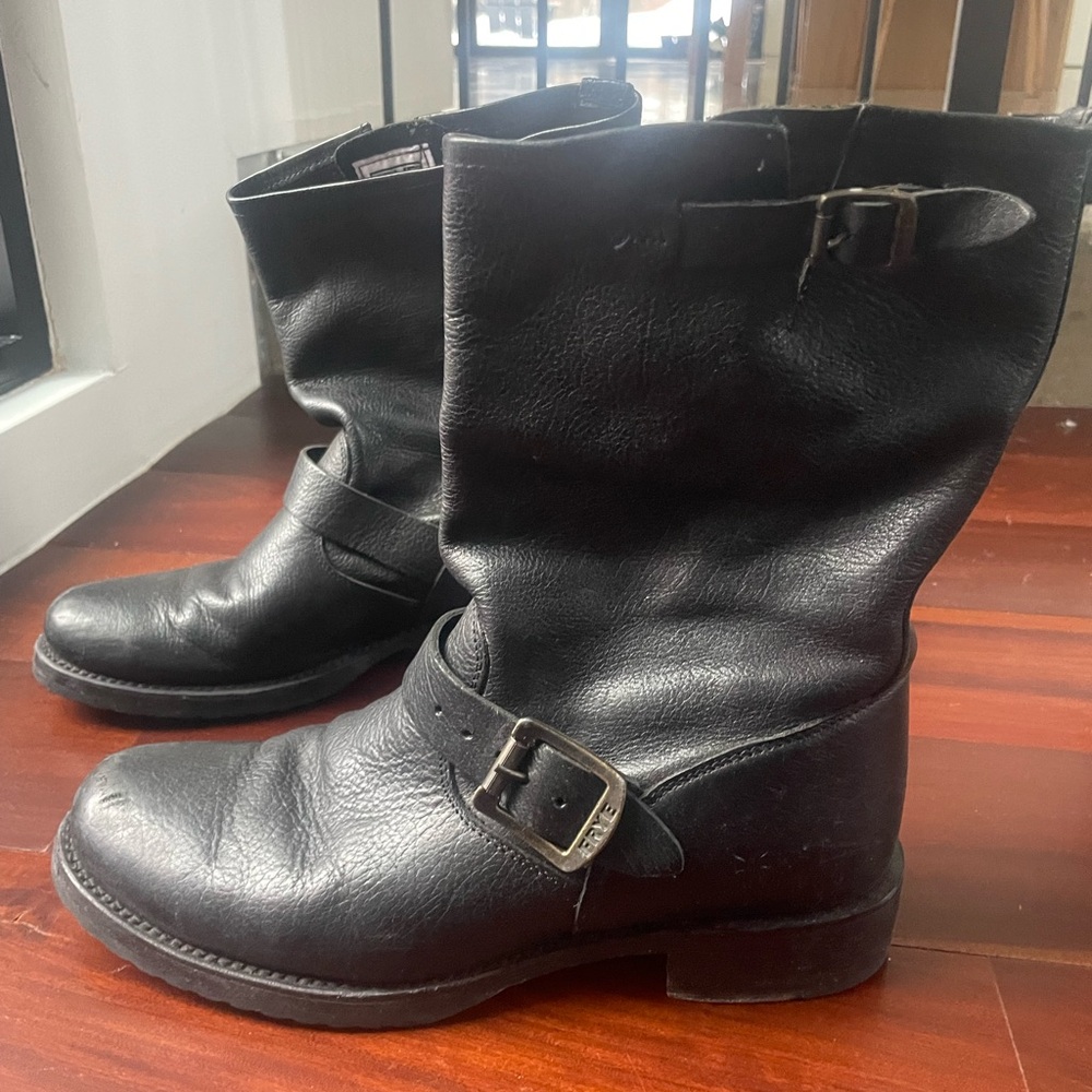 Frye Black Leather Boots with Buckle medium shaft